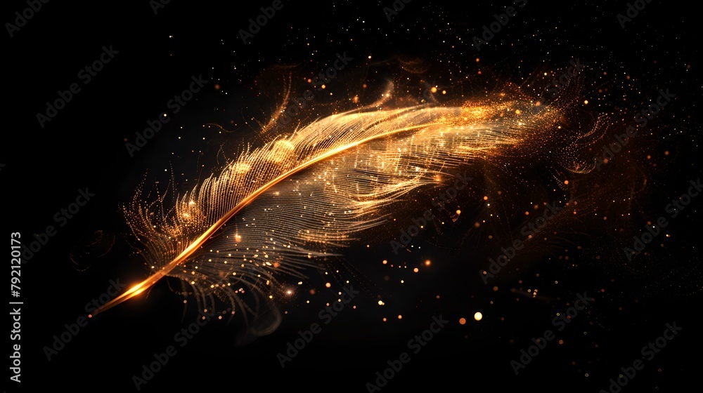 Vivid orange feather ablaze with sparkling particles, set against a dark background, conjures a sense of magic and mystery. Ideal for creative projects. AI - obrazy, fototapety, plakaty 