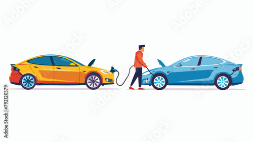 Fototapeta Naklejka Na Ścianę i Meble -  A man chooses between an electric car and a gasoline