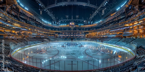 An empty hockey rink with bright lights illuminating the polished surface, awaiting the arrival of players and fans.