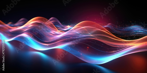 Abstract image of flowing colorful light waves on a dark background, representing motion and energy.