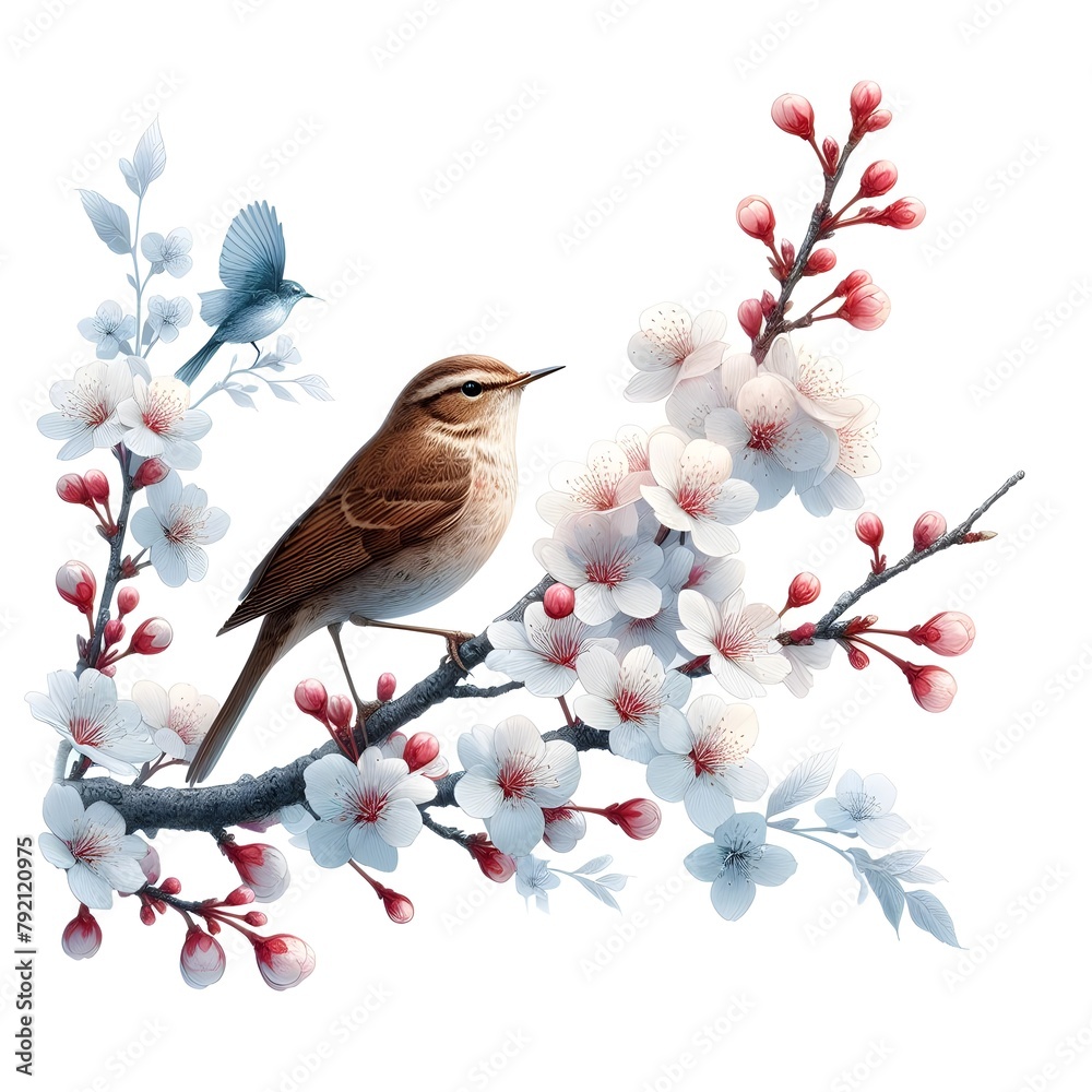 Obraz premium Isolation on a white background, on a pure white background. close-up of a branch of a blossoming apple tree and a small bird. A gentle butterfly flutters. Sunny day. Generative AI.
