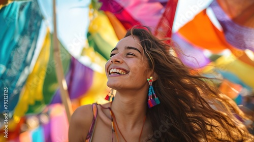 Beautiful woman laughing among colorful flags. Generate AI image