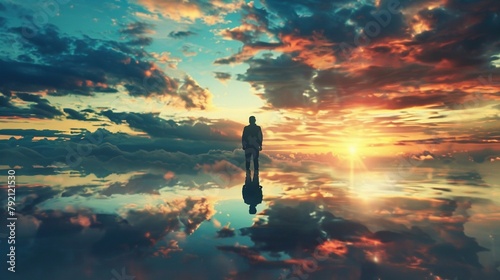 Meditation Mindfulness Spiritual Life - Silhouette Person Man Standing at Heaven Fantasy Landscape with Shining Cloudy Sky 