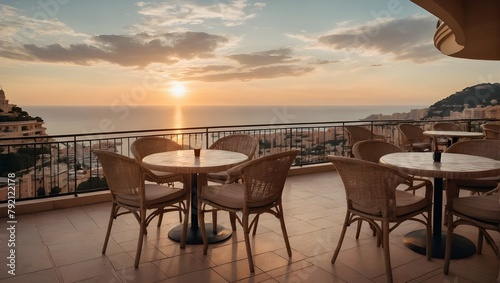 Landscape of outdoor luxury cafe table and chairs on rooftop in Monaco with sea view and beautiful sunset sky. Ai Generative. photo