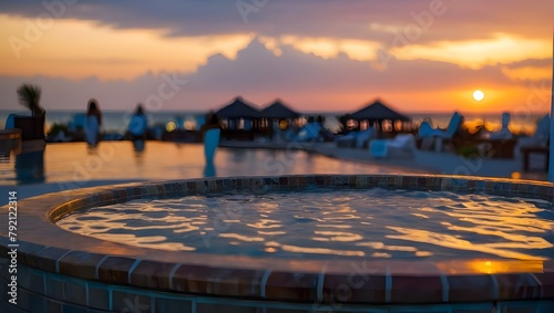 Jacuzzi in luxury beach resort with beautiful sunset sky in background. Ai Generative. © Rizky Rahmat Hidayat