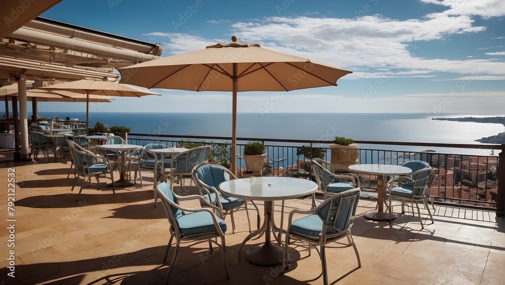 Landscape of outdoor luxury cafe table and chairs on rooftop in Monaco with sea view and beautiful clear sky. Ai Generative.