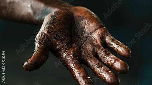 Close-up of the hand of a person who has worked hard or exercised hard, dark skin, hard, rough, dry skin, injury, sore wrist, wounded finger, locked finger and care concept to recover and be healthy. 