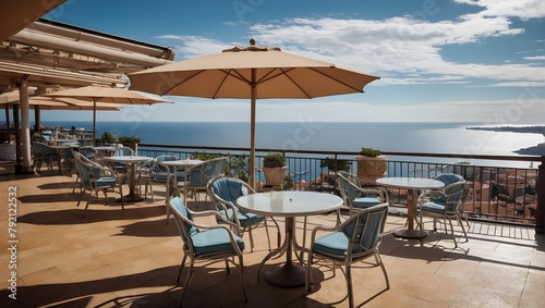 Landscape of outdoor luxury cafe table and chairs on rooftop in Monaco with sea view and beautiful clear sky. Ai Generative. © Rizky Rahmat Hidayat