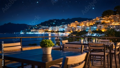 Landscape of outdoor luxury cafe table and chairs on rooftop in Monaco with sea view and beautiful evening sky. Ai Generative.