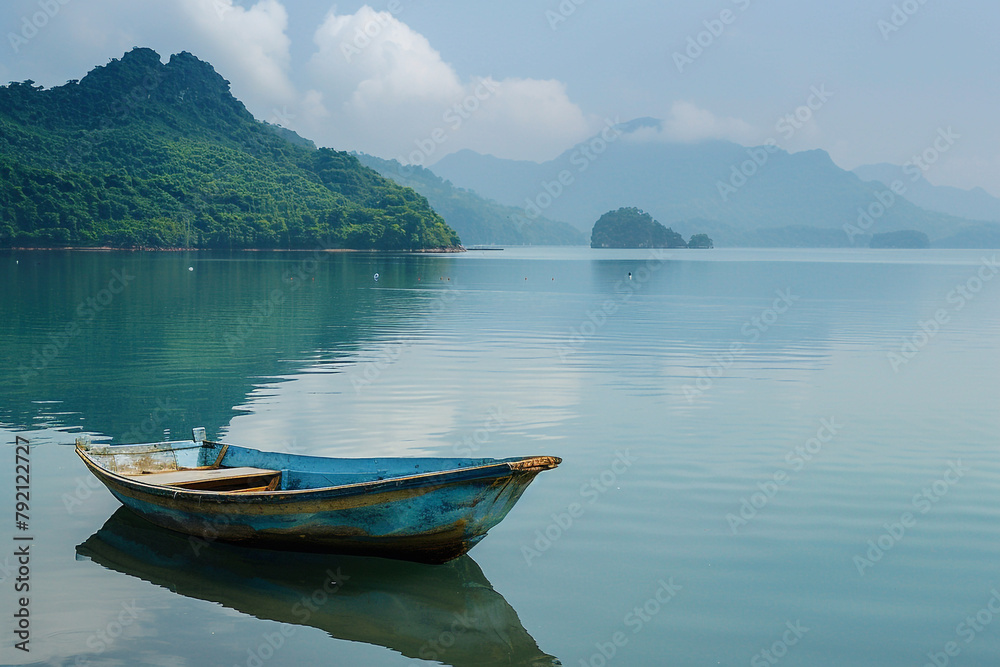 Tranquil bay with a small rowboat floating peacefully Tranquil bay with a small rowboat floating peacefully