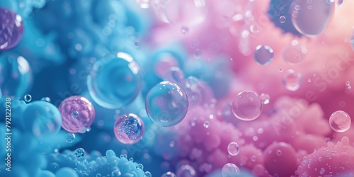 Colorful abstract background of vibrant bubbles in blue and pink hues with a dreamy, soft focus effect.