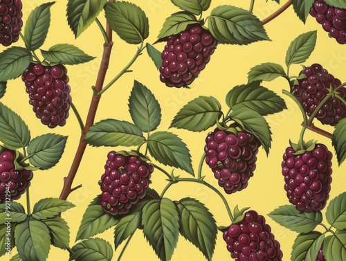 Seamless pattern of stylized mulberry branches on a yellow background.