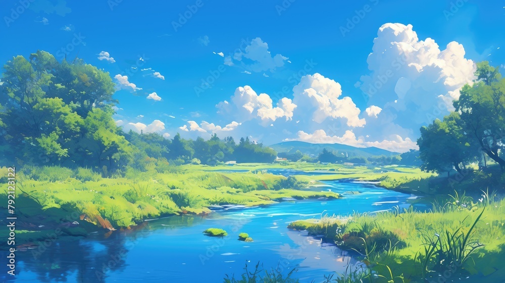 Naklejka premium A tranquil blue river peacefully flows through a lush quiet forest under a serene blue sky