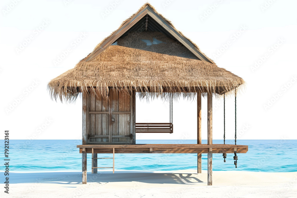 Tranquil beach house with a thatched roof and a wooden swing facing the ocean, isolated on solid white background. Tranquil beach house with a thatched roof and a wooden swing facing the ocean, isolated on solid white background.