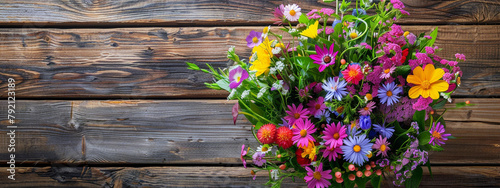 Colorful bouquet of wild flowers on wooden table. Summer, birthday, mothers day celebration, Horizontal banner. 