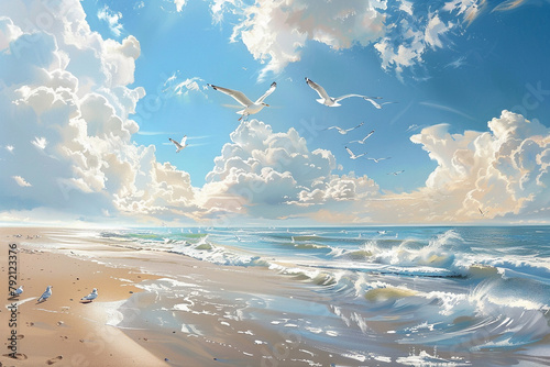 Tranquil beach with seagulls gracefully gliding in the sky