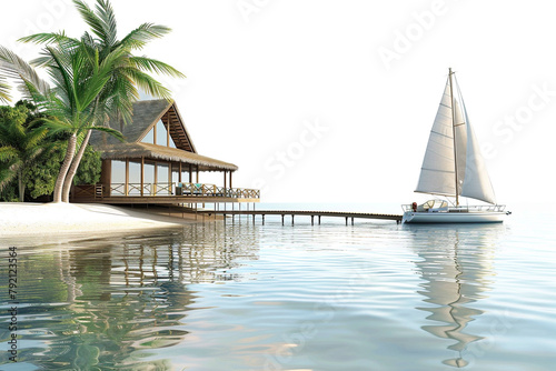 Tranquil beachfront retreat with a private dock and a sailboat on the calm waters, isolated on solid white background.