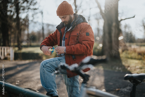 Focused male cyclist in a beanie and jacket adjusts his bike, showcasing outdoor activity and healthy lifestyle.