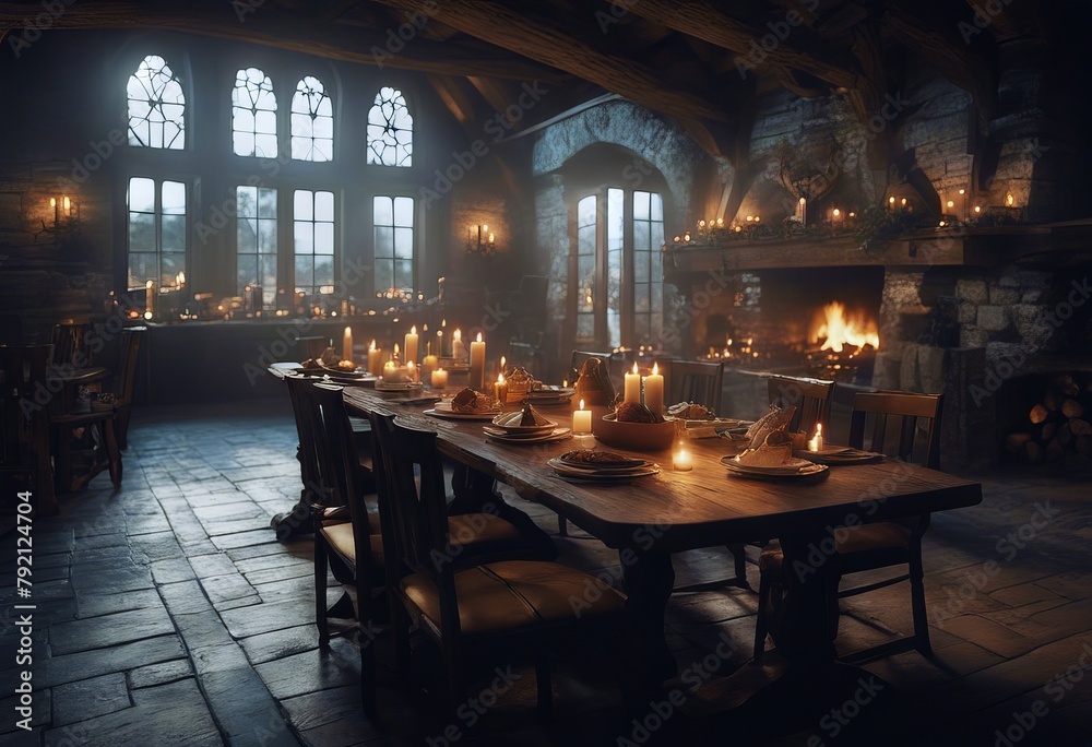 tavern inn 3D daylight open food burning fireplace interior moody candles medieval illustration tables Dark window drink