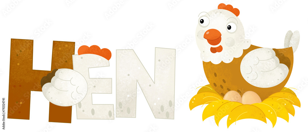 Fototapeta premium cartoon scene with happy hen chicken poultry farm animal theme with name template isolated background illustration for children