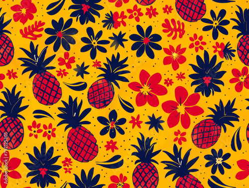 Vibrant pineapple and floral pattern on a yellow background, vector design.