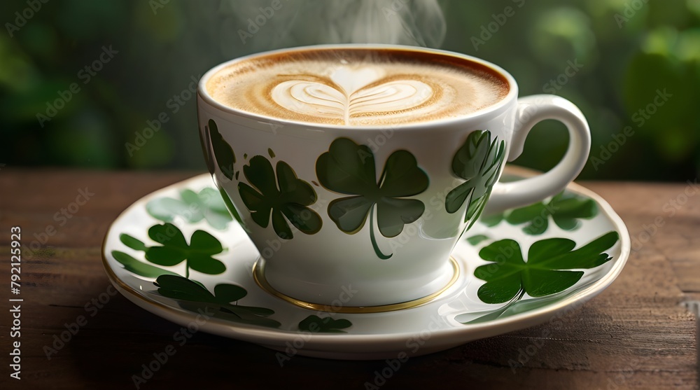 Rich latte topped with a shamrock design, nestled on a misty background of clover leaves. Ireland. Generative AI Rich latte topped with a shamrock design, nestled on a misty background of clover leaves. Ireland. Generative AI