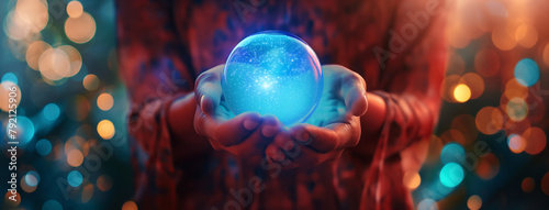 Mãos segurando uma esfera azul brilhante