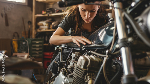 Mulher trabalhando em uma oficina consertando uma moto 