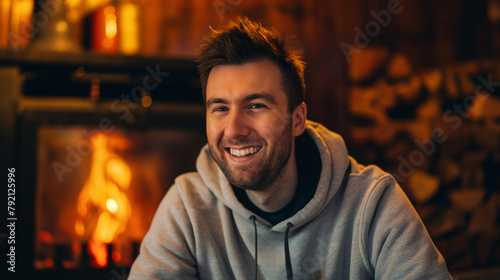 Homem sorrindo vestindo moletom cinza e ao fundo uma lareira acesa  photo