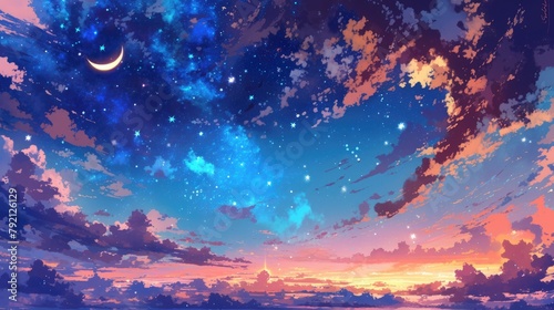 Illustration of a vibrant night sky featuring a canopy of stars a glowing moon and swirling clouds set against a backdrop of twinkling stars