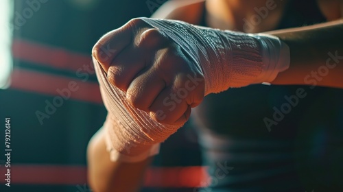 Female fist wrapping bandages for boxing, preparing for battle. Concept of strength, resilience, loneliness, femenism.