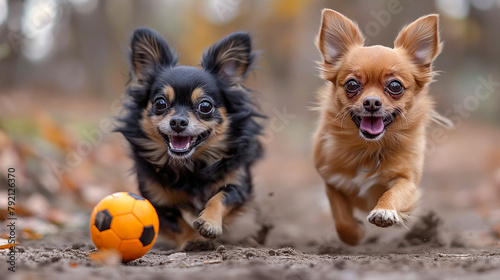 Group of funny chihuahuas running to catch a small ball