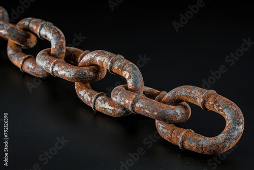 A chain link is shown in a close up. The chain is rusted and old. The chain is made of metal and is black photo