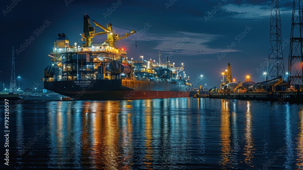 Floating Production Storage and Offloading vessel, Angola. Offshore unit is production facility that houses both processing equipment and storage for produced hydrocarbons. Night.

