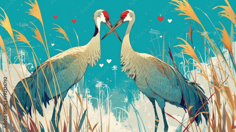Obraz premium A charming illustration featuring a pair of sandhill cranes among cattails perfect for celebrating Valentine s Day