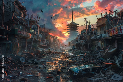 Imagine a postapocalyptic wasteland where survivors scavenge for Unusual Sizzling Teriyaki Yakisoba amidst the ruins of civilization photo