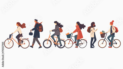 Modern faceless people walking and riding bicycle 