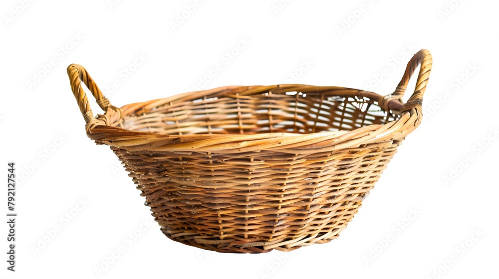 Brown wicker basket on white background, handmade wicker basket
