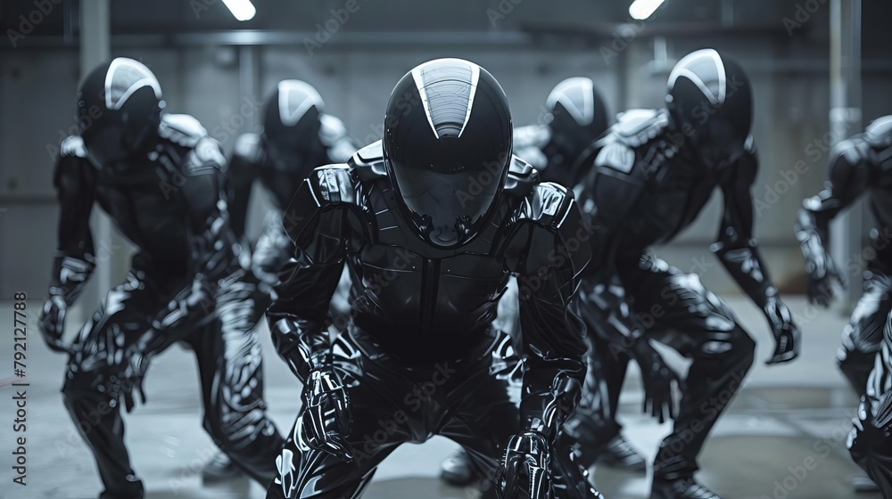 Highlight the impressive gravitydefying capabilities of a robot breakdance troupe, bodies spinning and freezing in impossible poses Highlight the impressive gravitydefying capabilities of a robot breakdance troupe, bodies spinning and freezing in impossible poses