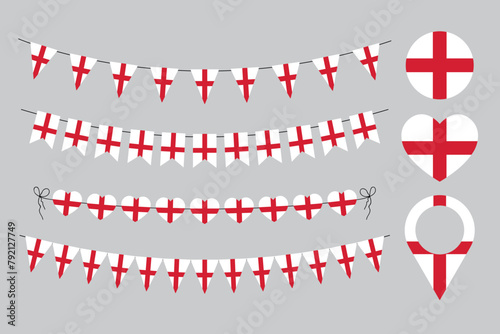 England National holiday, English flag decorative pennants round icon, location pin and heart symbol, set of vector elements