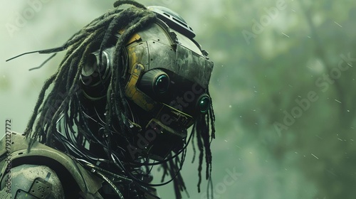 Highlight a reggae robot claving intricate polyrhythms, its dreadlocked body swaying in a robotic trancelike groove