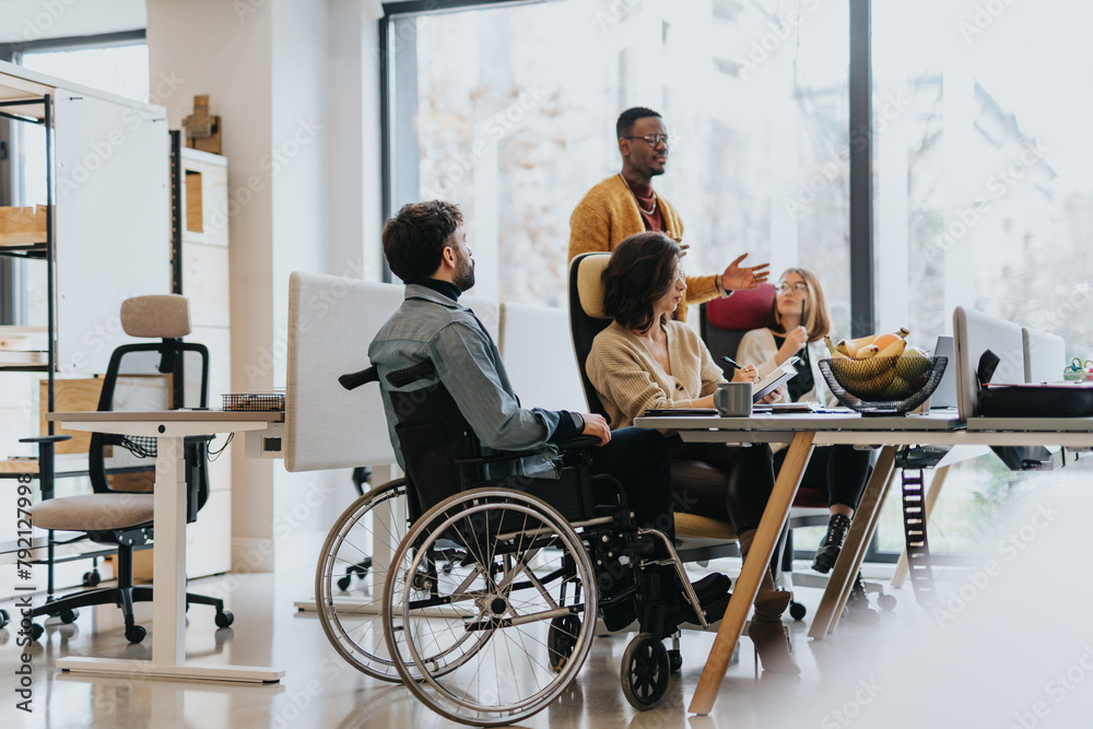 Diverse business employees collaborating and discussing reports in a creative office, working together for success and profit growth. Diverse business employees collaborating and discussing reports in a creative office, working together for success and profit growth.
