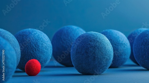 Large blue woolen balls with one small red one.