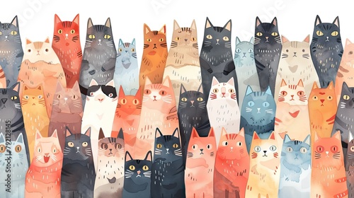Large group of cats in different colors, in the style of cute watercolor
