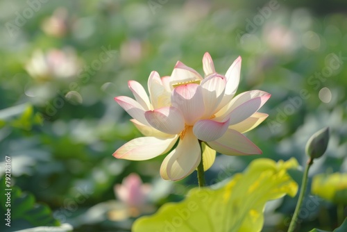 Pink lotus flower blooming on tranquil water surface with lily pads, tropical garden beauty