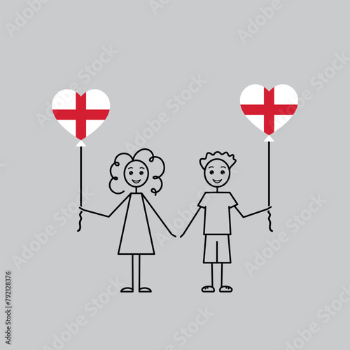 love England sketch, girl and boy with a heart shaped balloons, black line vector illustration