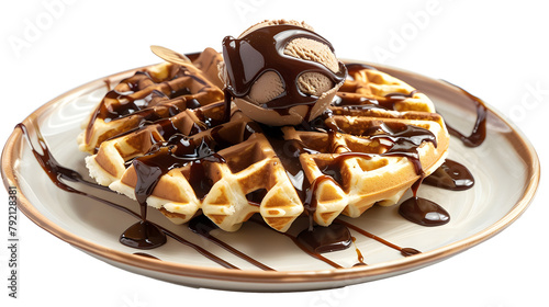 chocolate and caramel maple or honey syrup with ice cream scoop fresh baked waffles morning breakfast