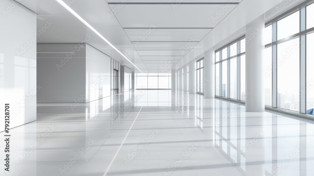 Interior modern white empty office building daylight. AI generated image
