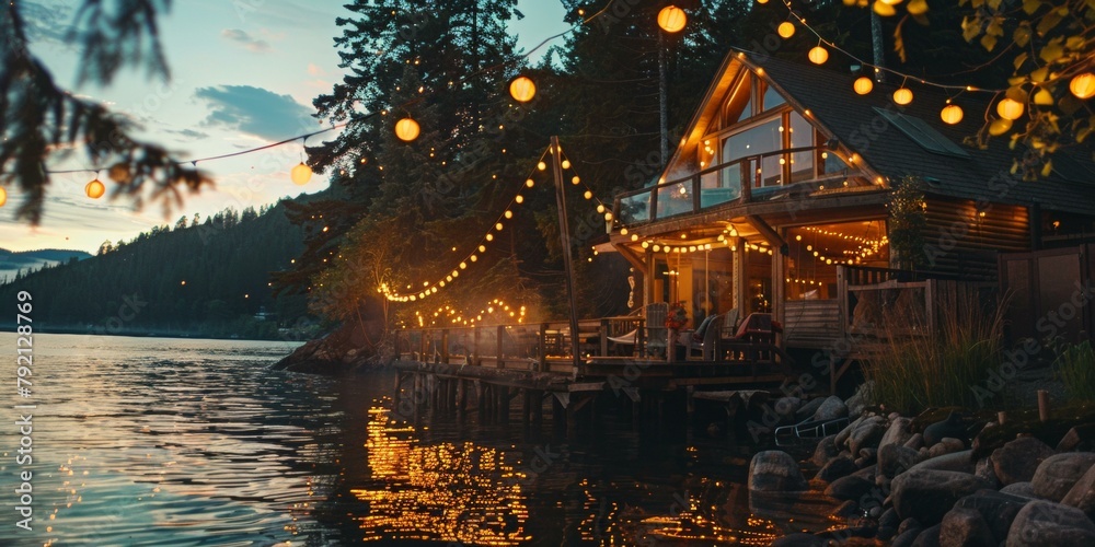 Joyful Independence Day celebration at lakeside cabin, enjoying evening under twinkling lights, vibrant reflections in water, perfect for festive gatherings.