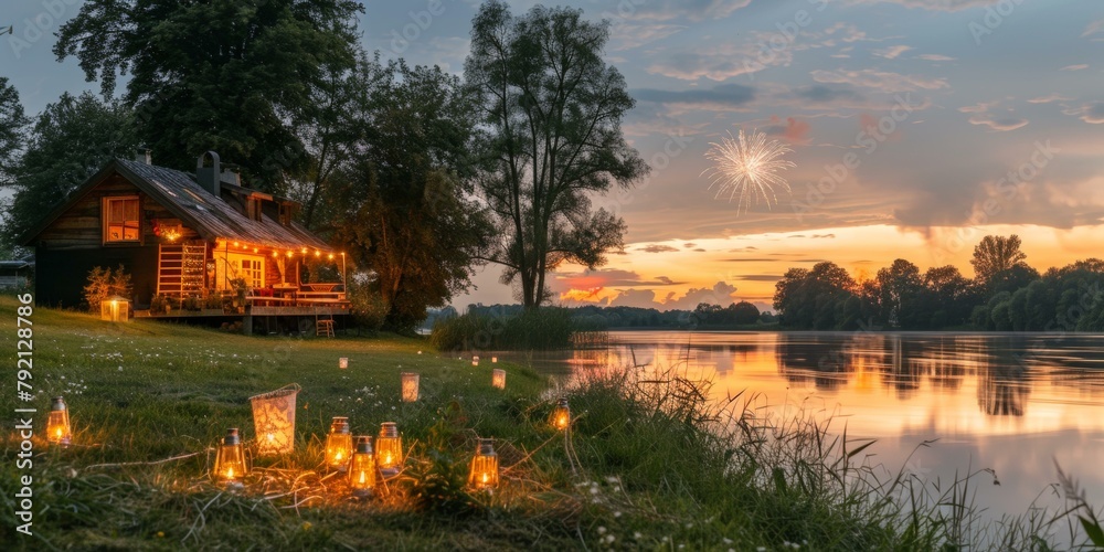Fototapeta premium Vibrant Independence Day celebration at lakeside cabin with fireworks, glowing lanterns, and sunset reflections, capturing festive July Fourth spirit. Copy space.